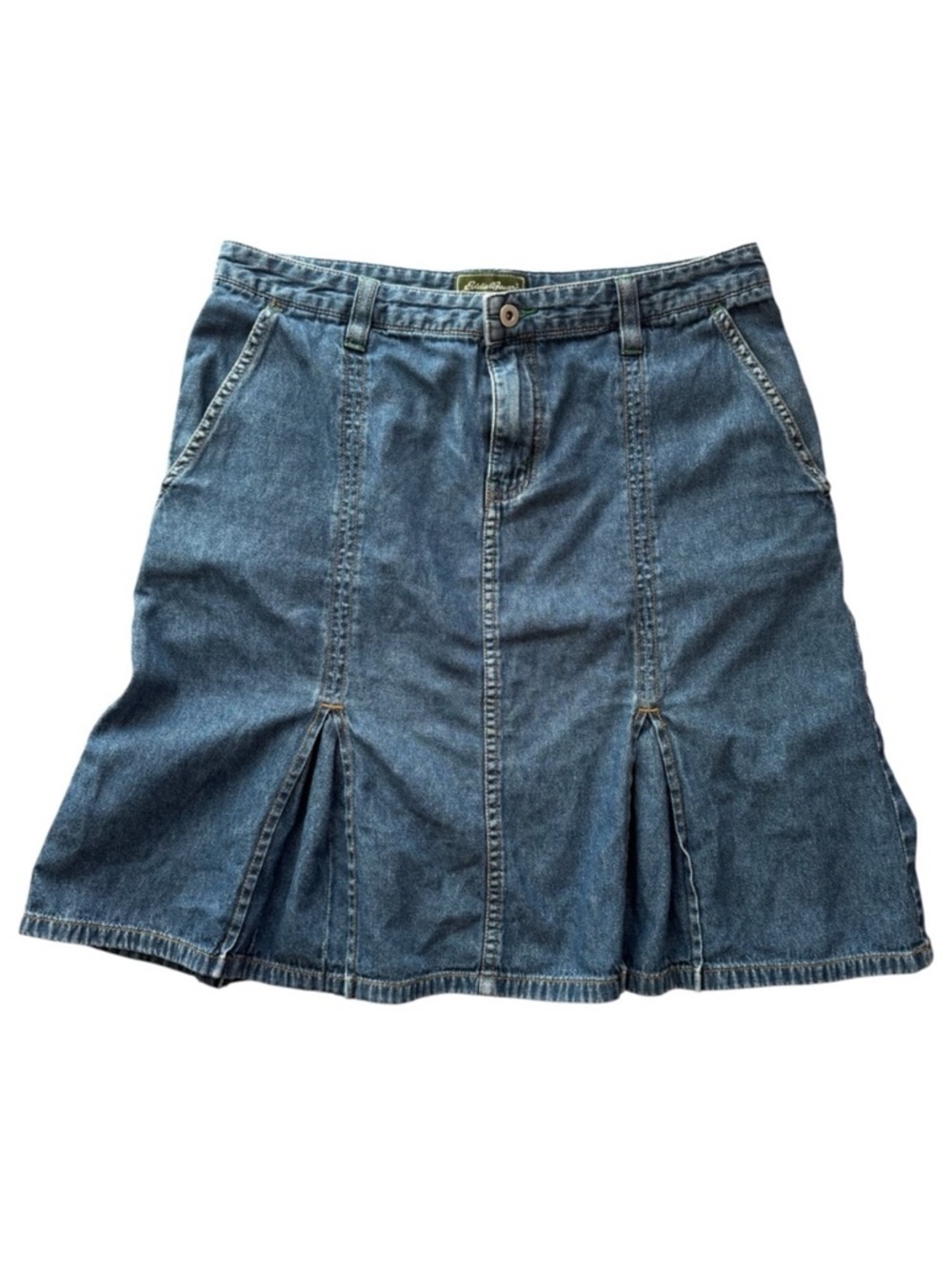 Vintage Eddie Bauer Denim Skirt Pleated Panel Cotton Jean Skirt Y2K Casual